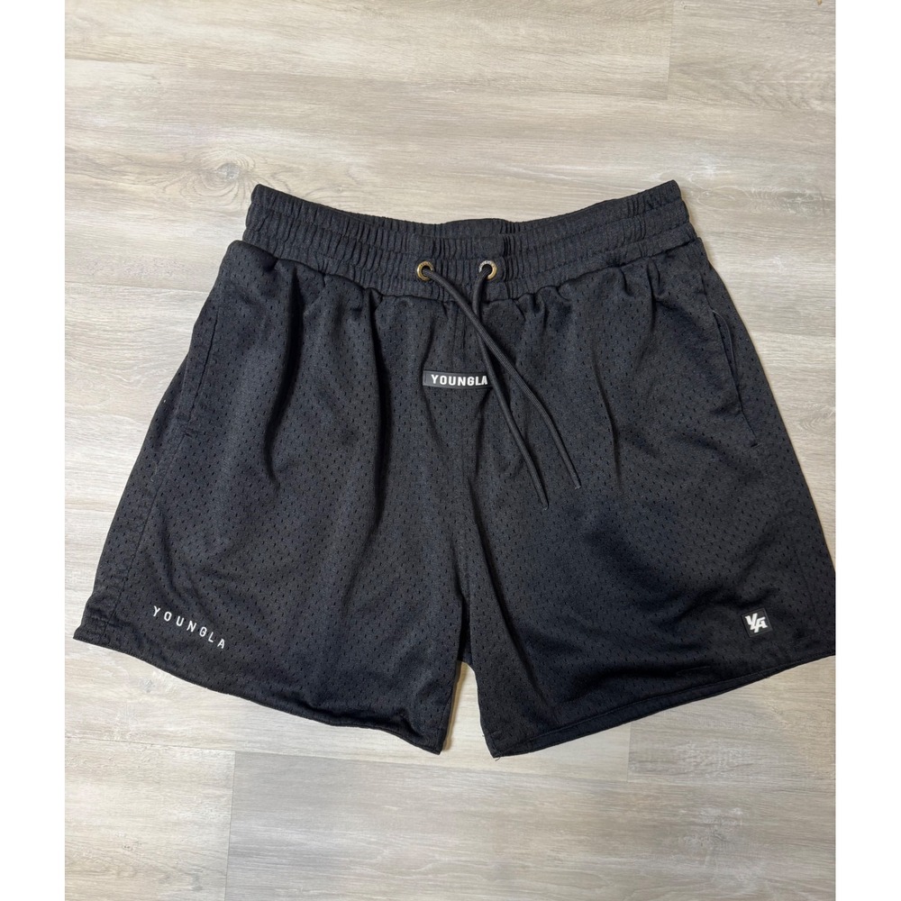 YoungLA Mens Large Black Mesh Gym Shorts Drawstring Athletic Bodybuilding